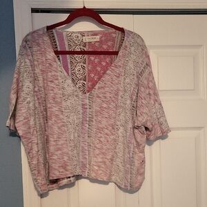 Lucky Brand Pink and White 3/4 Sleeve Boxy Blouse